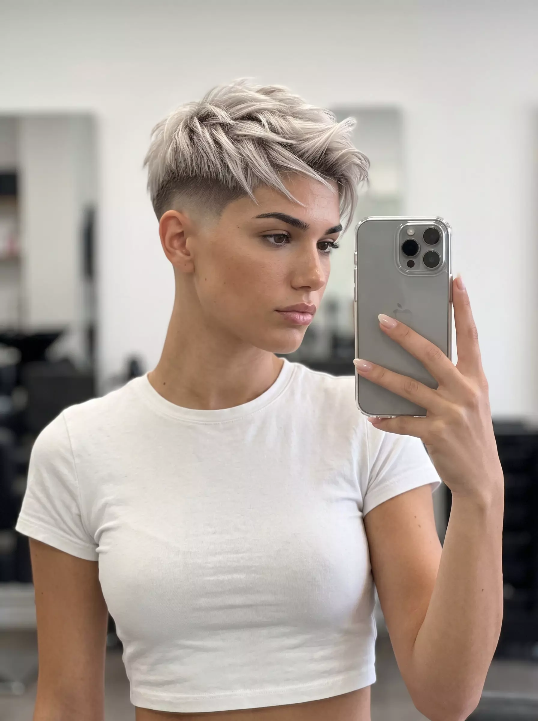 Ash Blonde Clipper Fade: Modern Summer Hair 2026 short haircut with clipper fade in ash blonde with brown shadow root, textured top and piecey finish for summer