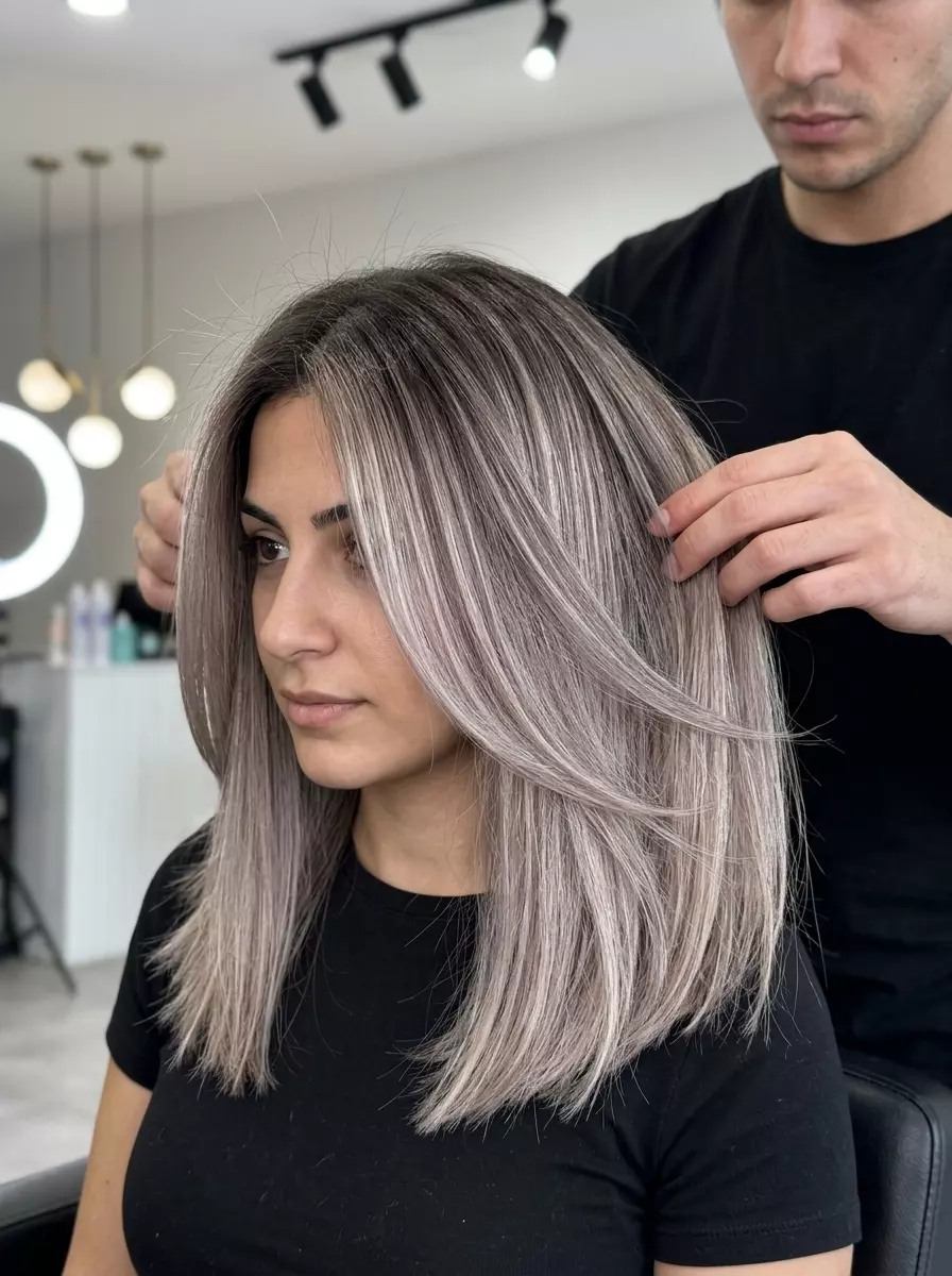 long deep ash brown & cool beige balayage with smoky silver undertones, reverse balayage, no fringe &mdash; sophisticated professional look