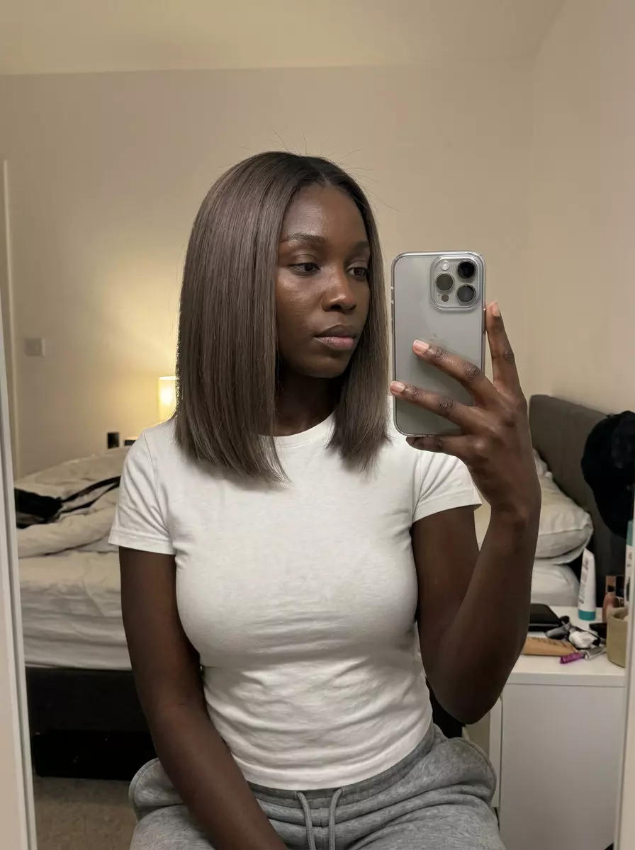 long ash brown shadow root hair with cool ash brown, soft shadow root &mdash; minimalist sophisticated
