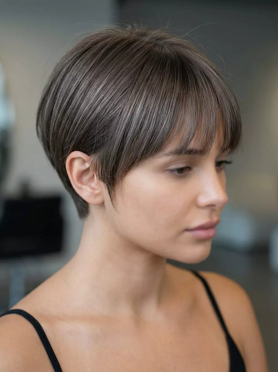 French Girl Ash Brown Pixie very short blunt pixie haircut in cool ash brown with subtle highlights, blunt fringe — minimalist & chic