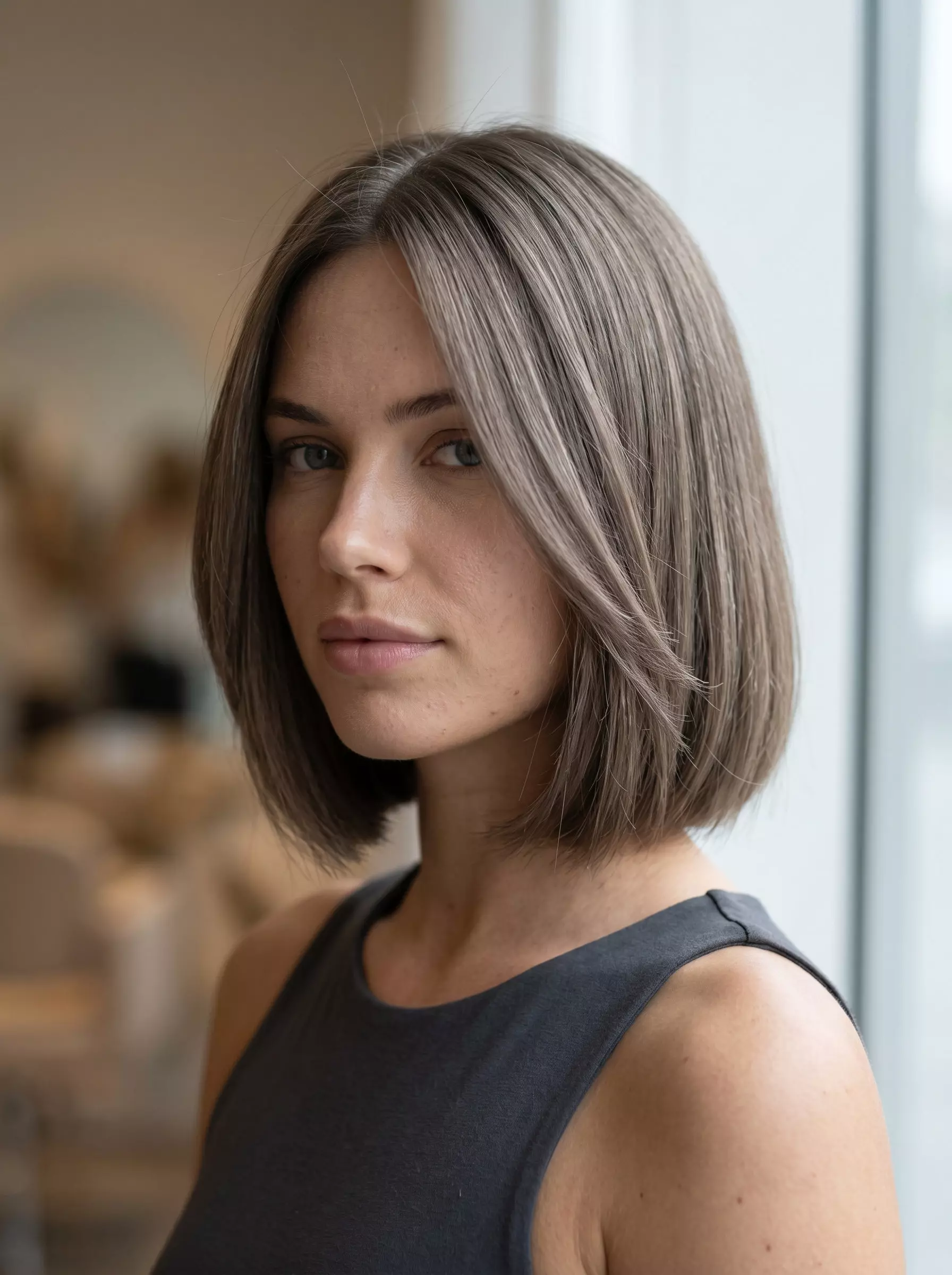 chin-length textured bob haircut with ashy brown grey-beige undertones and blunt perimeter for a cool look