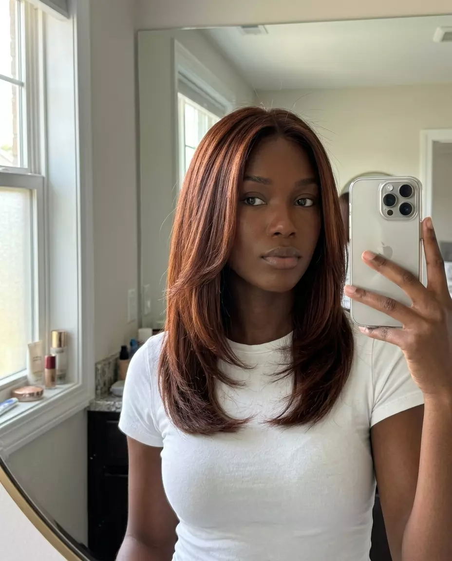 collarbone-length layered haircut with deep auburn, rich copper, warm brown lowlights, face-framing layers, soft layers &mdash; soft, elegant, classic