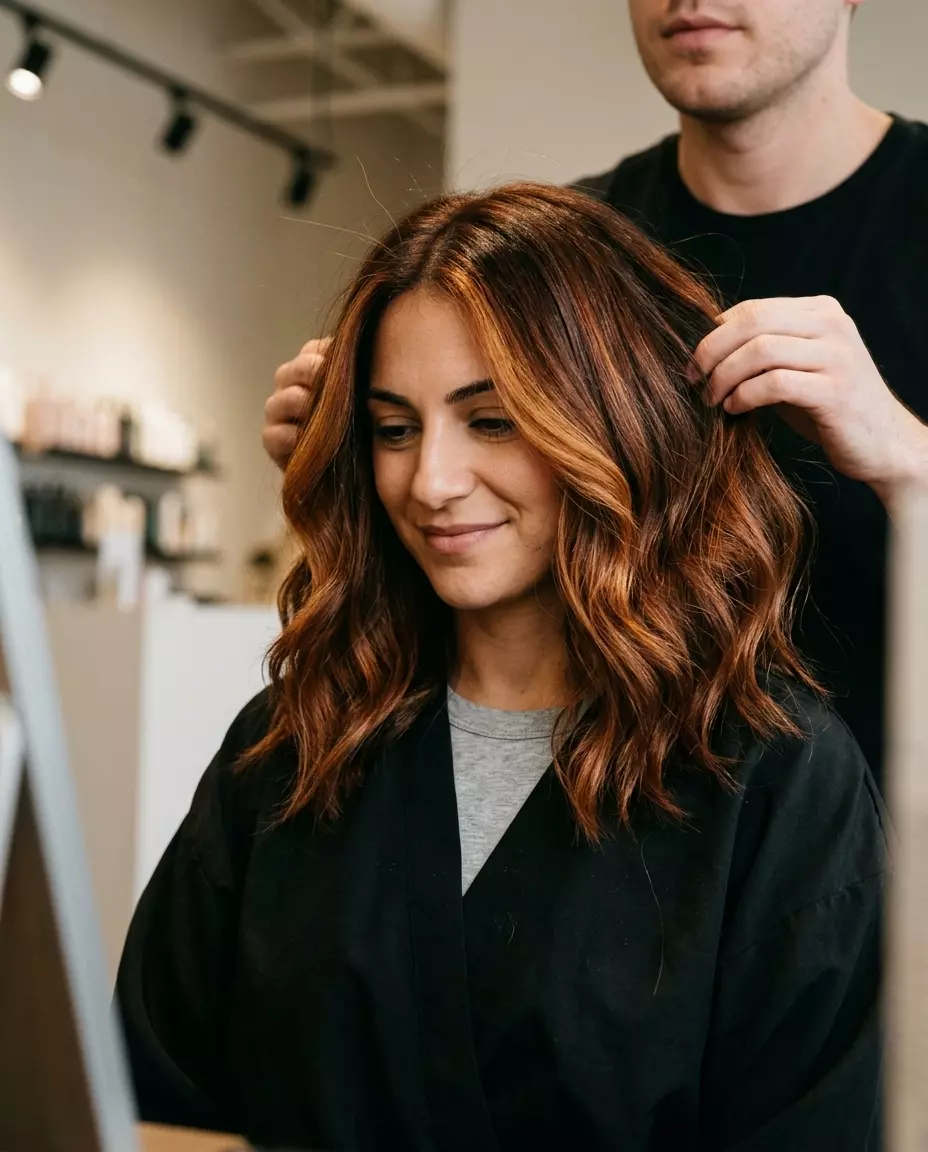 long auburn balayage with chestnut brown base and copper-gold accents, natural, for outdoor events