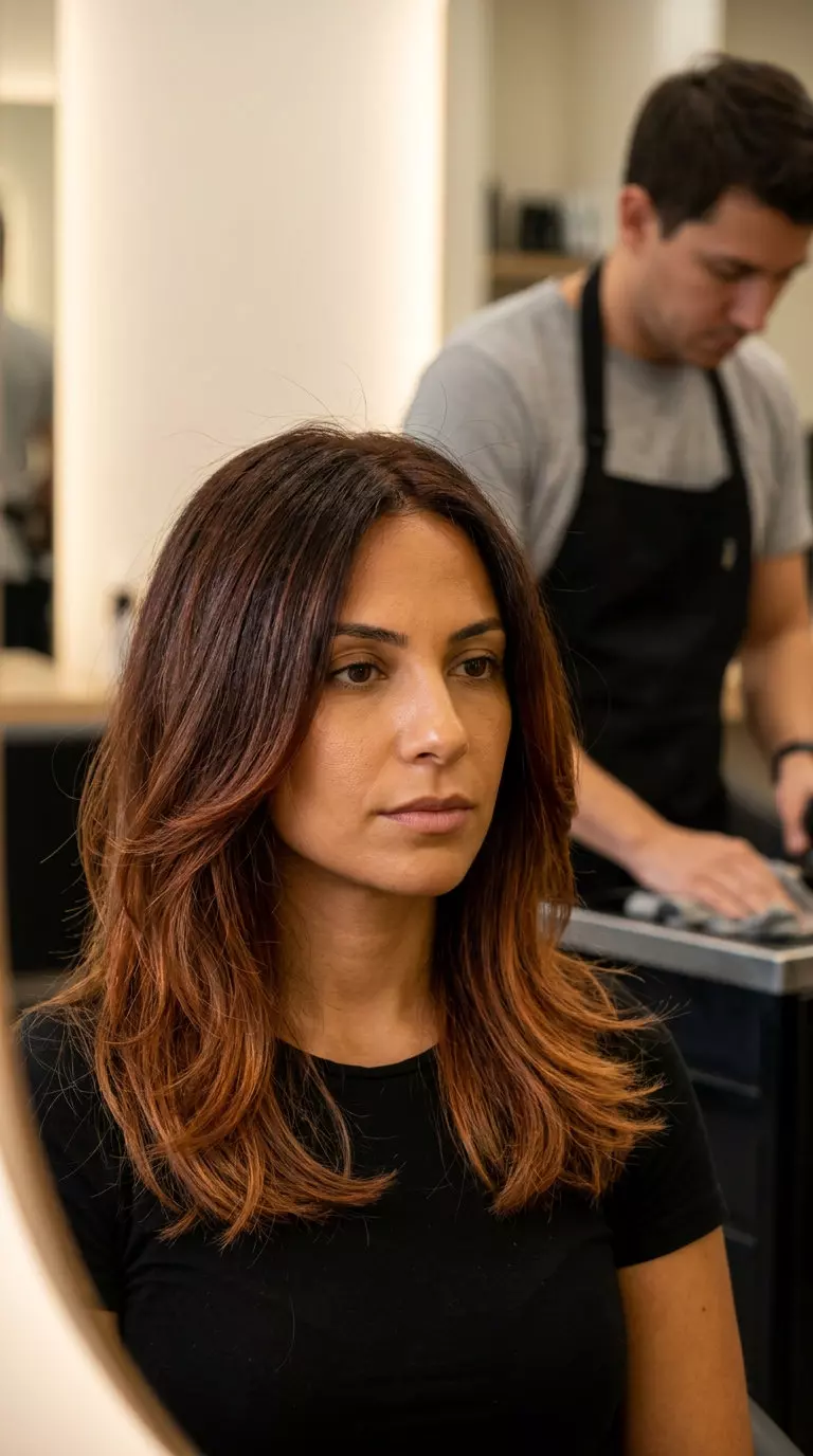 long auburn undertones color melt hair with deep brown to auburn glow, diffused blend &mdash; bold edgy
