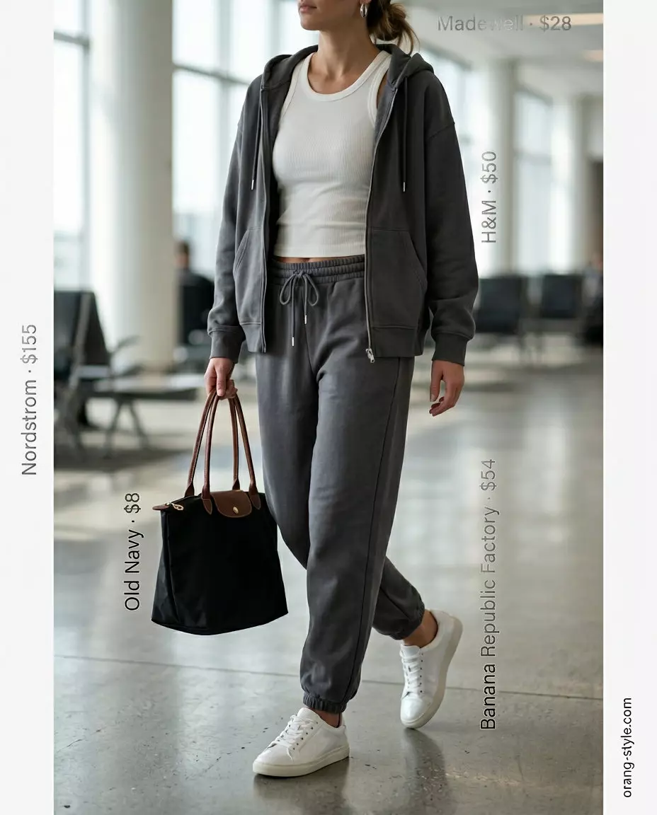 Athleisure comfort set: grey hoodie & joggers, white tank, white sneakers, silver hoops. Best Summer Outfits 2026.