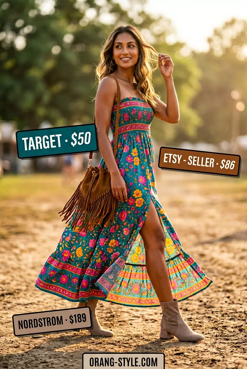 Boho rhapsody maxi dress outfit: multi-color floral dress, suede fringe bag, felt hat, suede boots. Best Summer Outfits 2026.