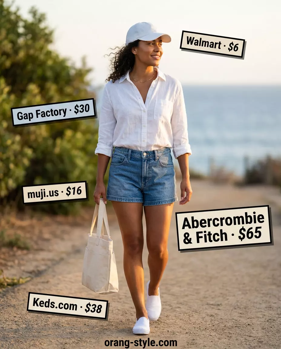 Coastal breeze outfit: denim shorts, white linen shirt, canvas sneakers, canvas tote, baseball cap. Best Summer Outfits 2026.