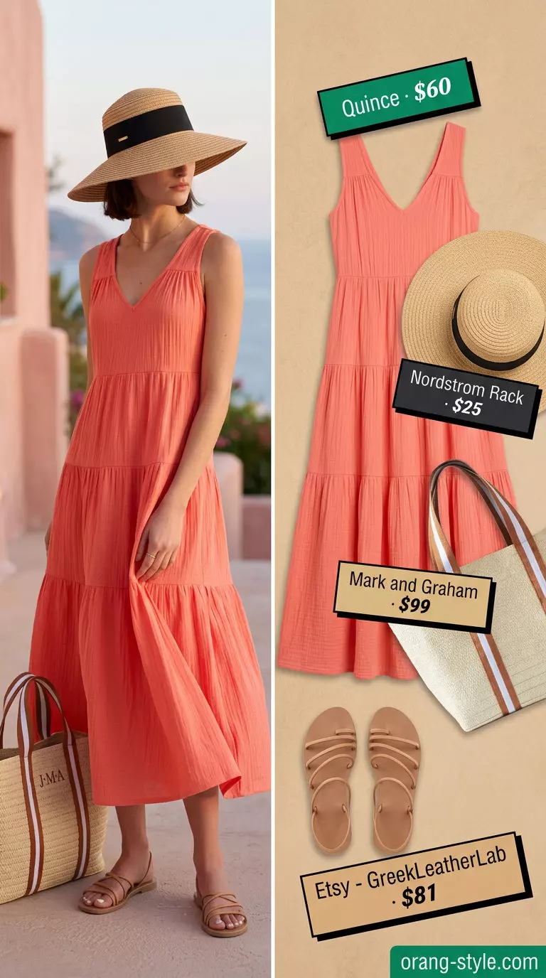 Golden hour Riviera outfit: coral maxi dress, straw hat, leather sandals, straw tote. Best Summer Outfits 2026.