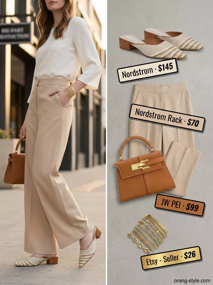 Elegant beige monochrome set with cream mules. Best Summer Outfits for Every Body Type 2026.