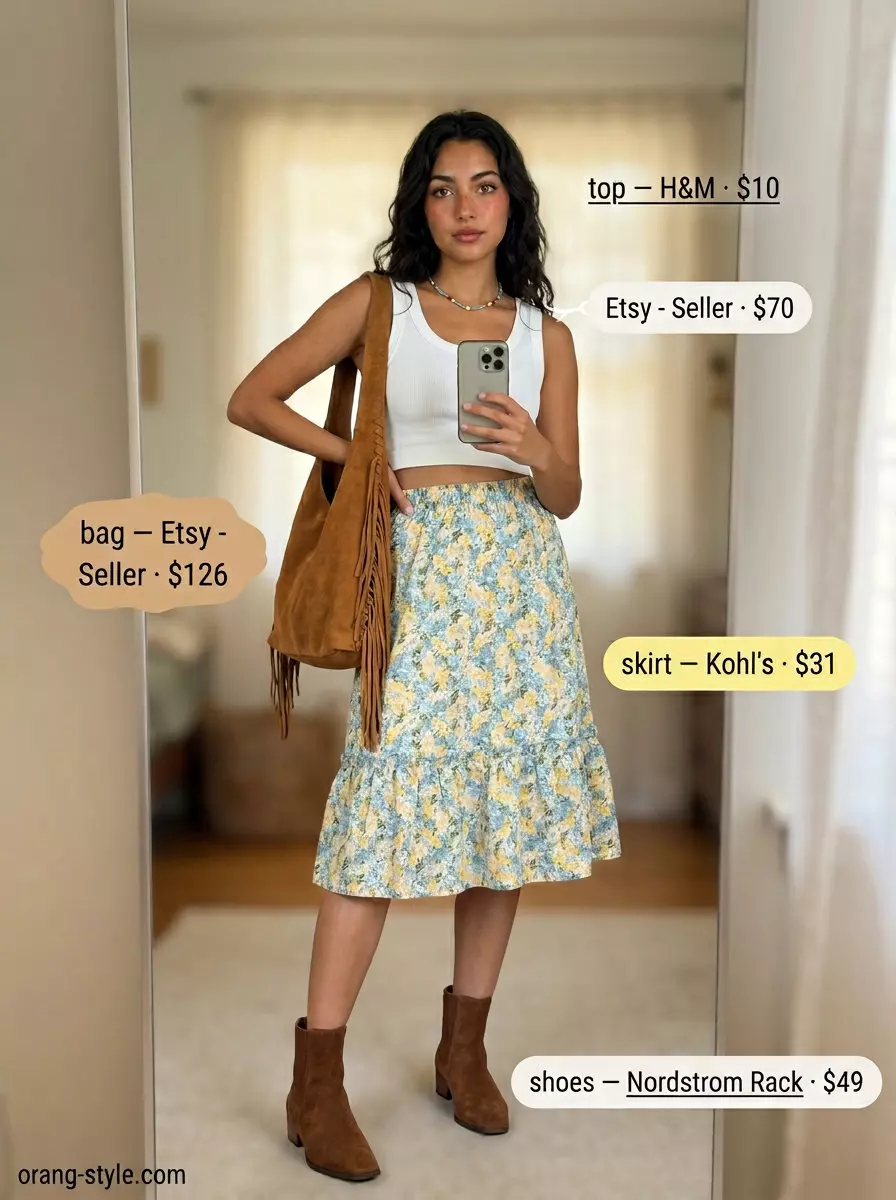 Boho floral midi skirt with white crop top, suede boots, and layered necklaces. Best Summer Outfits for Every Body Type 2026.