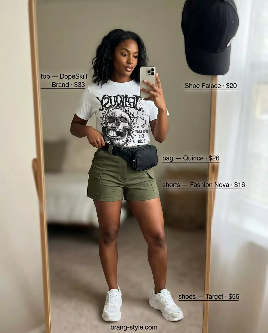 Olive green cargo shorts with white graphic tee and platform sneakers. Best Summer Outfits for Every Body Type 2026.