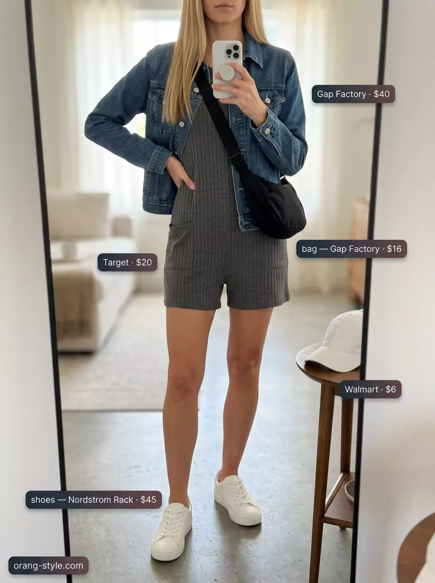Athleisure charcoal romper with denim jacket & sneakers. Best Summer Outfits for Every Body Type 2026.