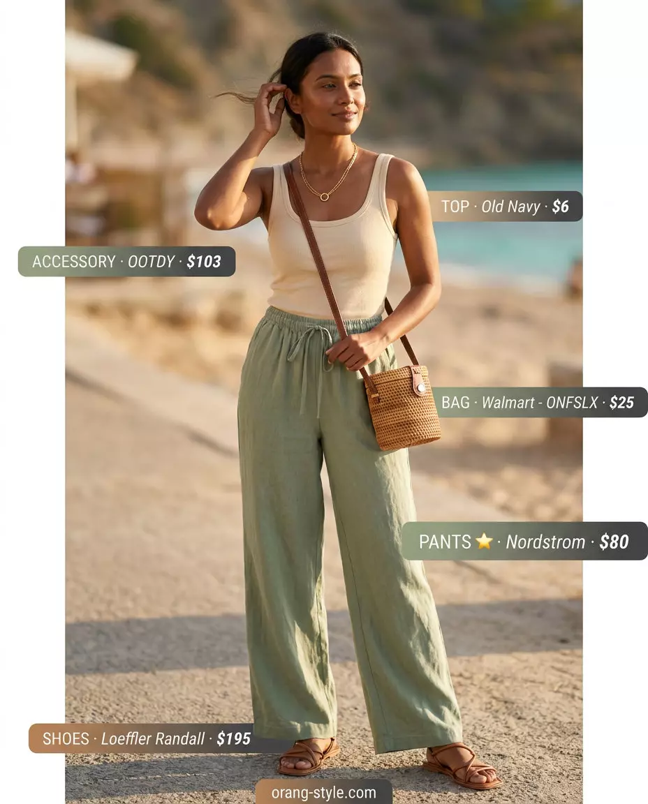 Sage green linen pants with cream tank top and tan sandals. Best Summer Outfits for Every Body Type 2026.
