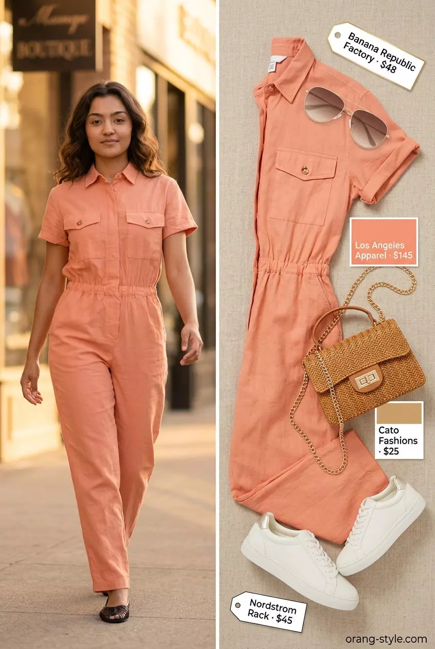 Playful coral jumpsuit with tan crossbody & sneakers. Best Summer Outfits for Every Body Type 2026.