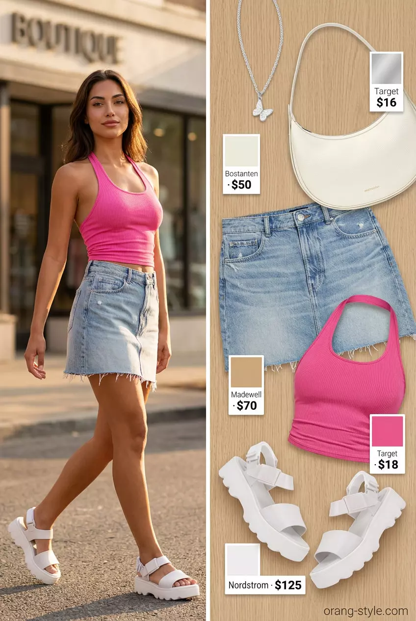 Retro denim mini skirt with hot pink top & platform sandals. Best Summer Outfits for Every Body Type 2026.