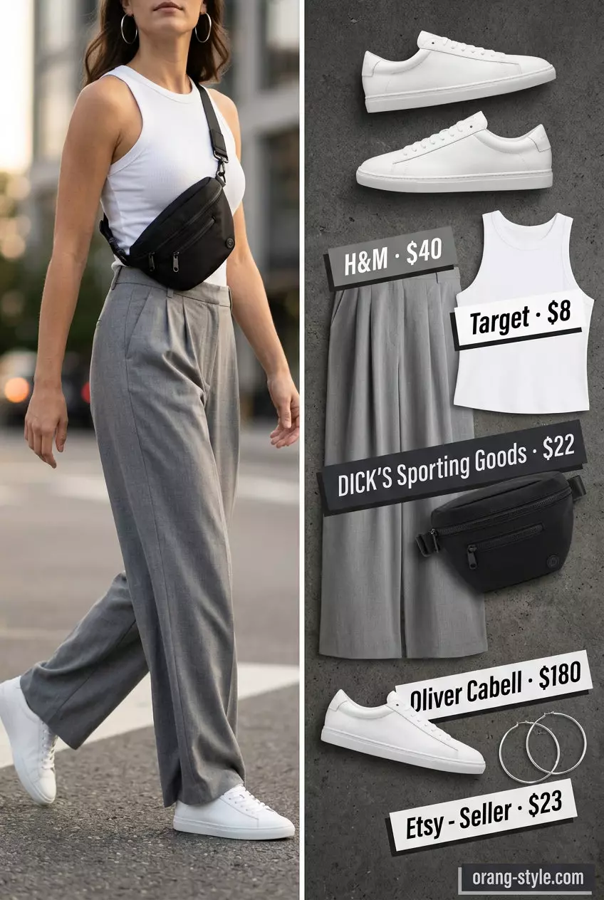 Urban grey wide-leg trousers with white top & sneakers. Best Summer Outfits for Every Body Type 2026.