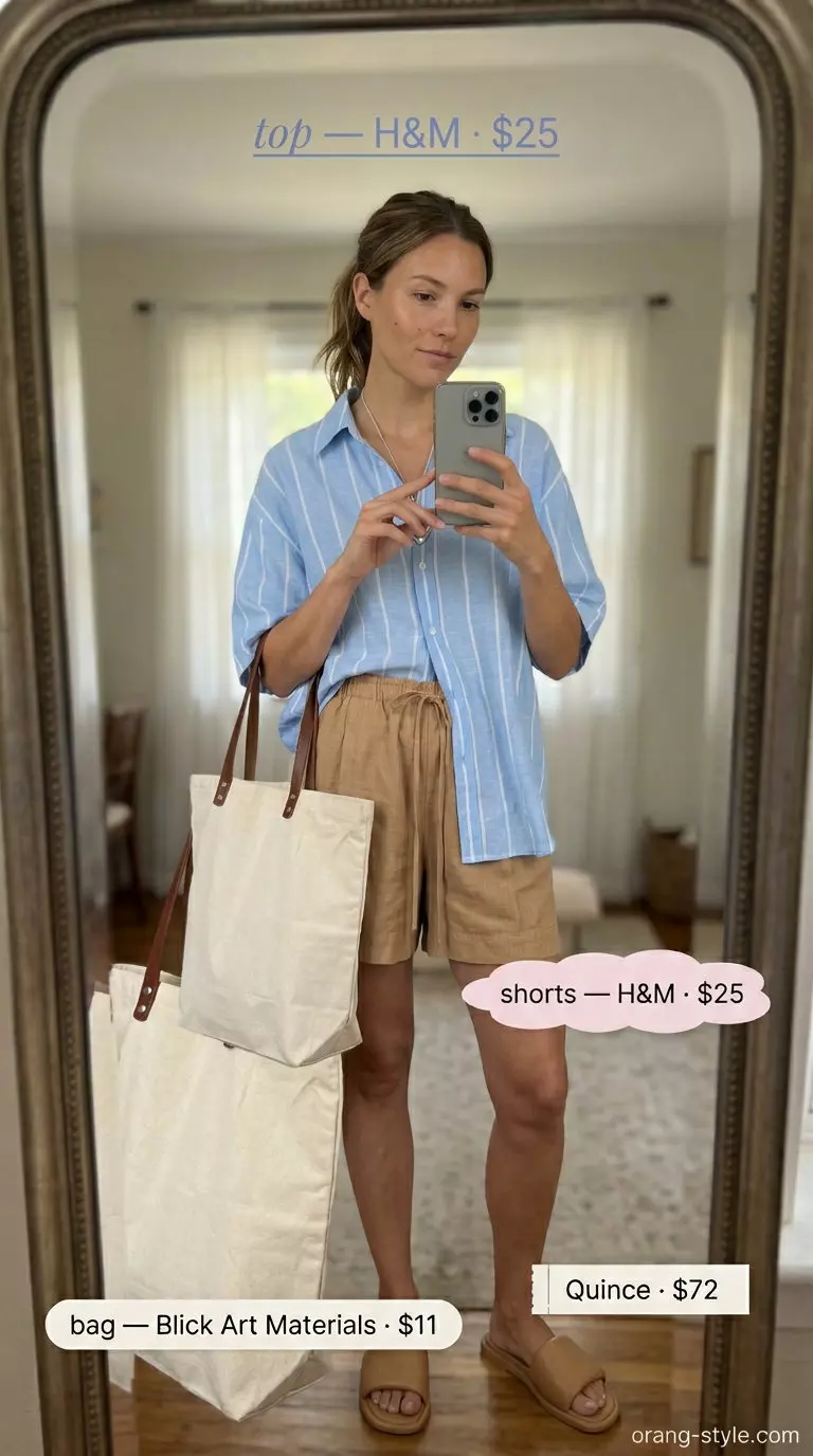 White linen button-down shirt with tan linen shorts and canvas tote. Best Summer Outfits for Every Body Type 2026.
