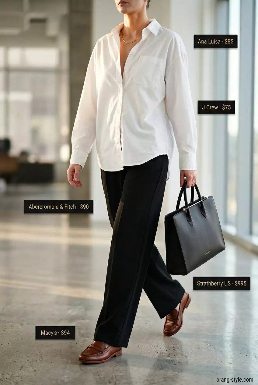 Black wide-leg trousers with white button-down shirt and tan loafers. Best Summer Outfits for Every Body Type 2026.
