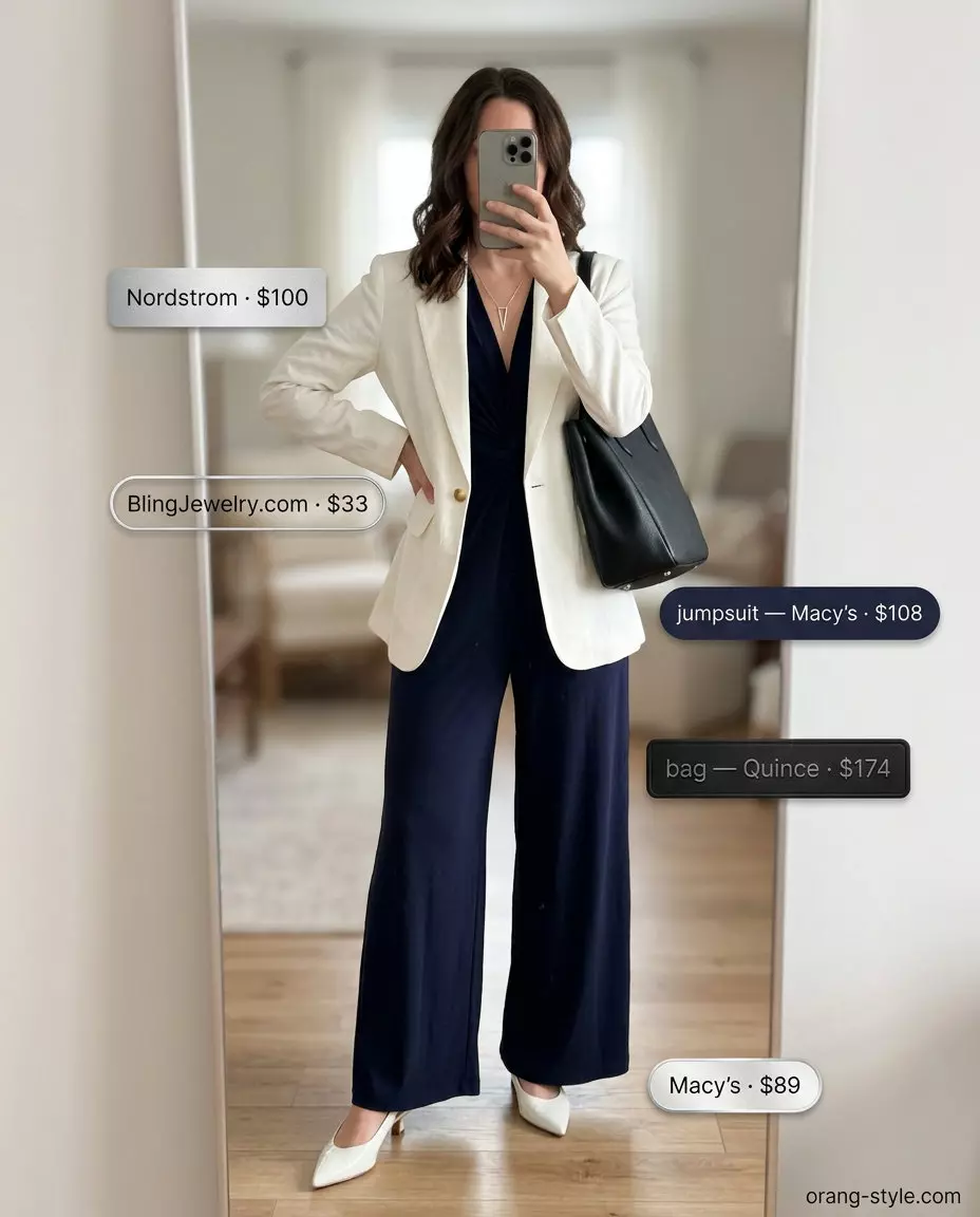 Chic navy jumpsuit with white blazer & silver necklace. Best Summer Outfits for Every Body Type 2026.