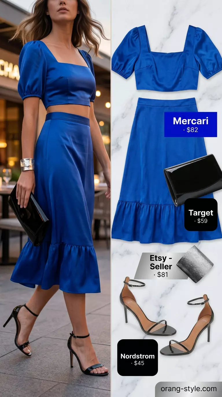Cobalt blue satin crop top and midi skirt set with black sandals. Best Summer Outfits for Every Body Type 2026.