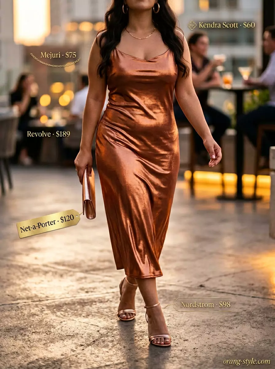 Mango orange satin slip dress with black heels and gold earrings. Best Summer Outfits for Every Body Type 2026.