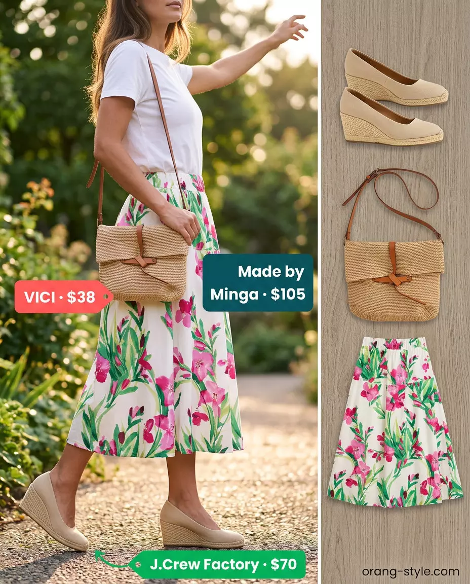 Botanical garden party outfit: floral midi skirt, white tee, espadrilles, raffia bag. Best Summer Outfits 2026.