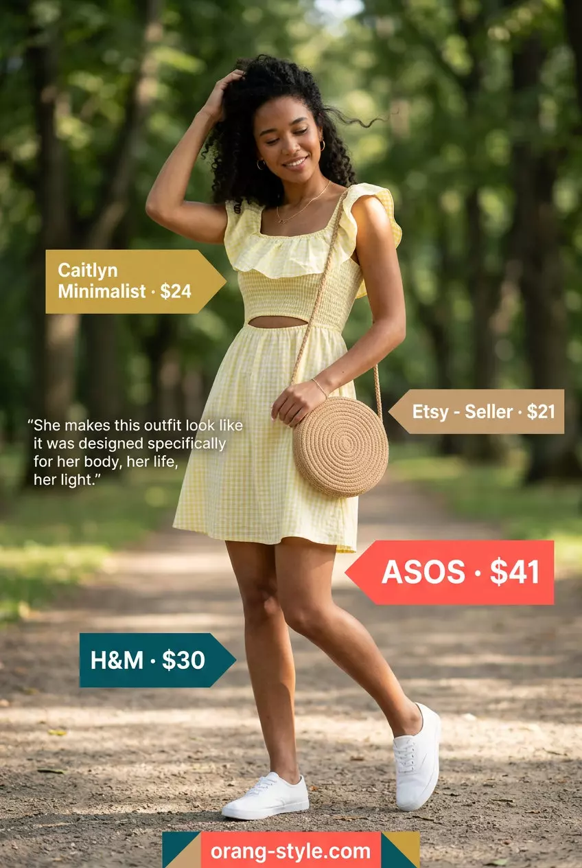 Picnic perfect outfit: yellow gingham dress, straw bag, gold hoops, white sneakers. Best Summer Outfits 2026.