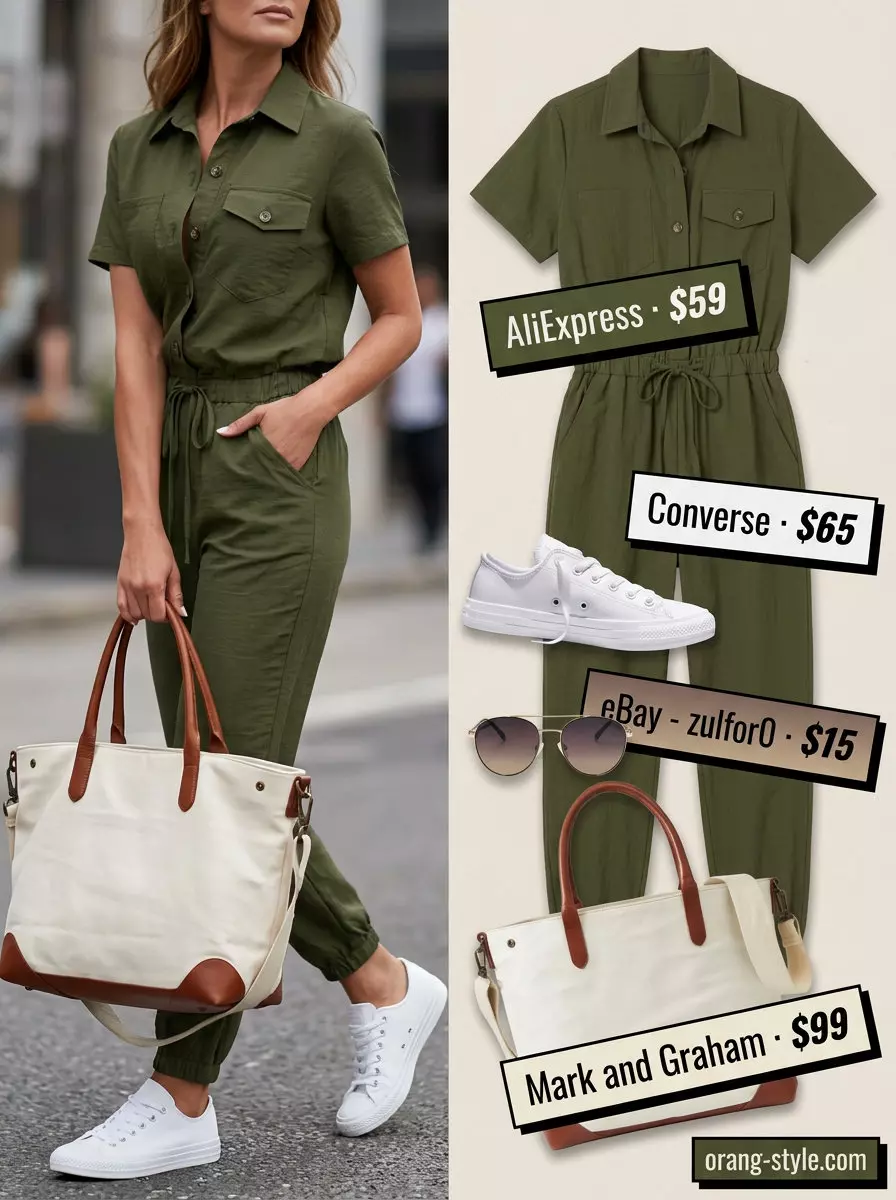 Weekend getaway jumpsuit outfit: olive green utility jumpsuit, tan tote, white sneakers, aviator sunglasses. Best Summer Outfits 2026.