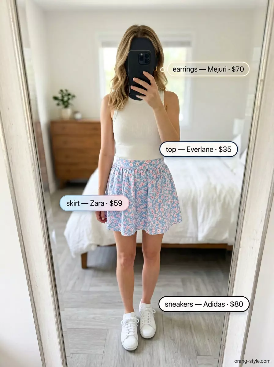 Playful picnic mini skirt outfit: lemon yellow skirt, white tank, tan sandals, top-handle bag. Best Summer Outfits 2026.