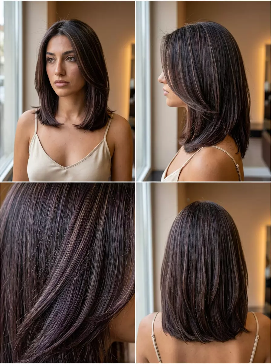 dark chocolate brunette with black cherry lowlights and espresso highlights, dimensional color &mdash; sophisticated evening event