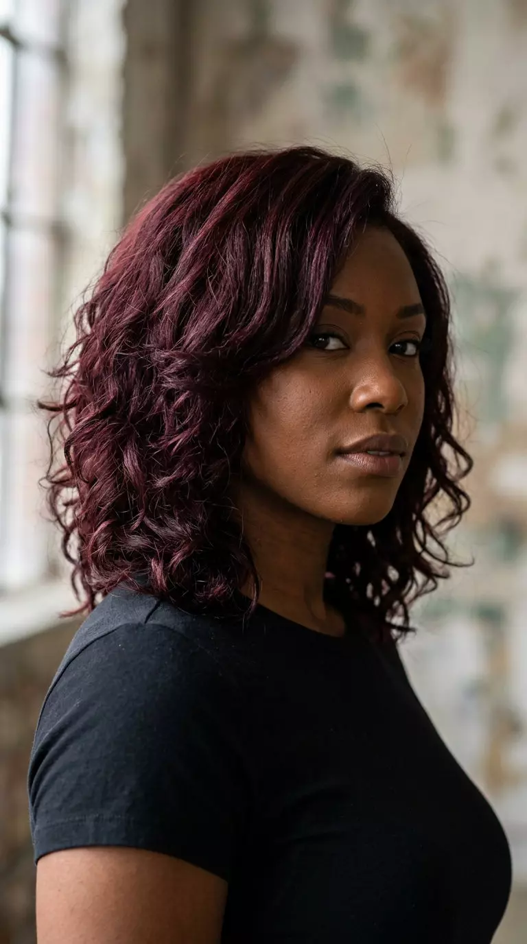 collarbone black cherry layered lob with violet undertones and internal layers for curls