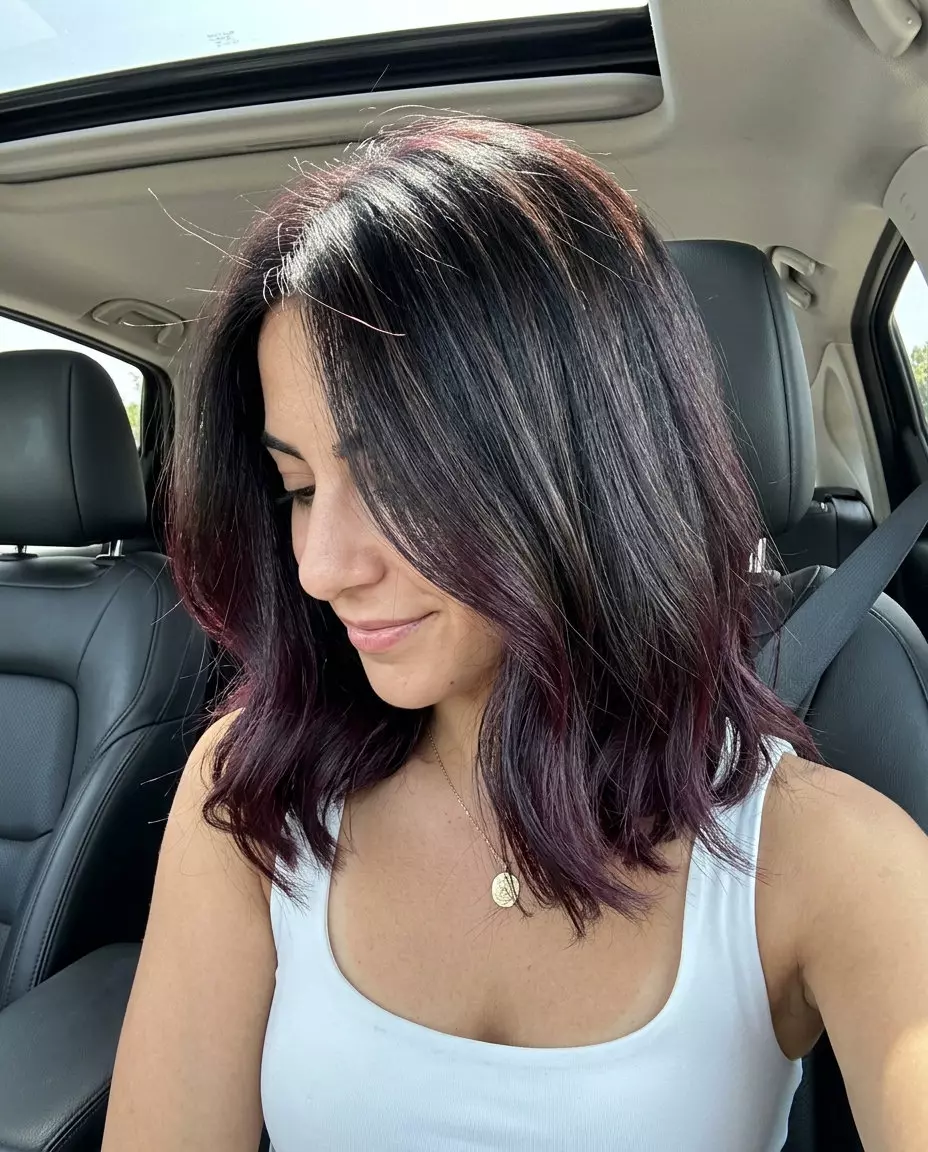 cool black with espresso highlights and plum lowlights, internal slice &mdash; sophisticated formal event