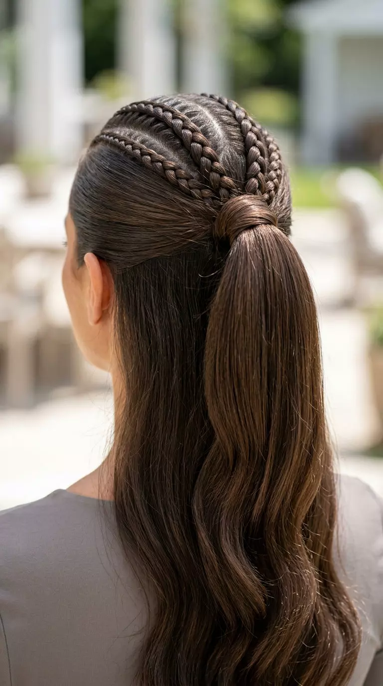 long braided half-up, half-down with black, sleek finish for professional settings