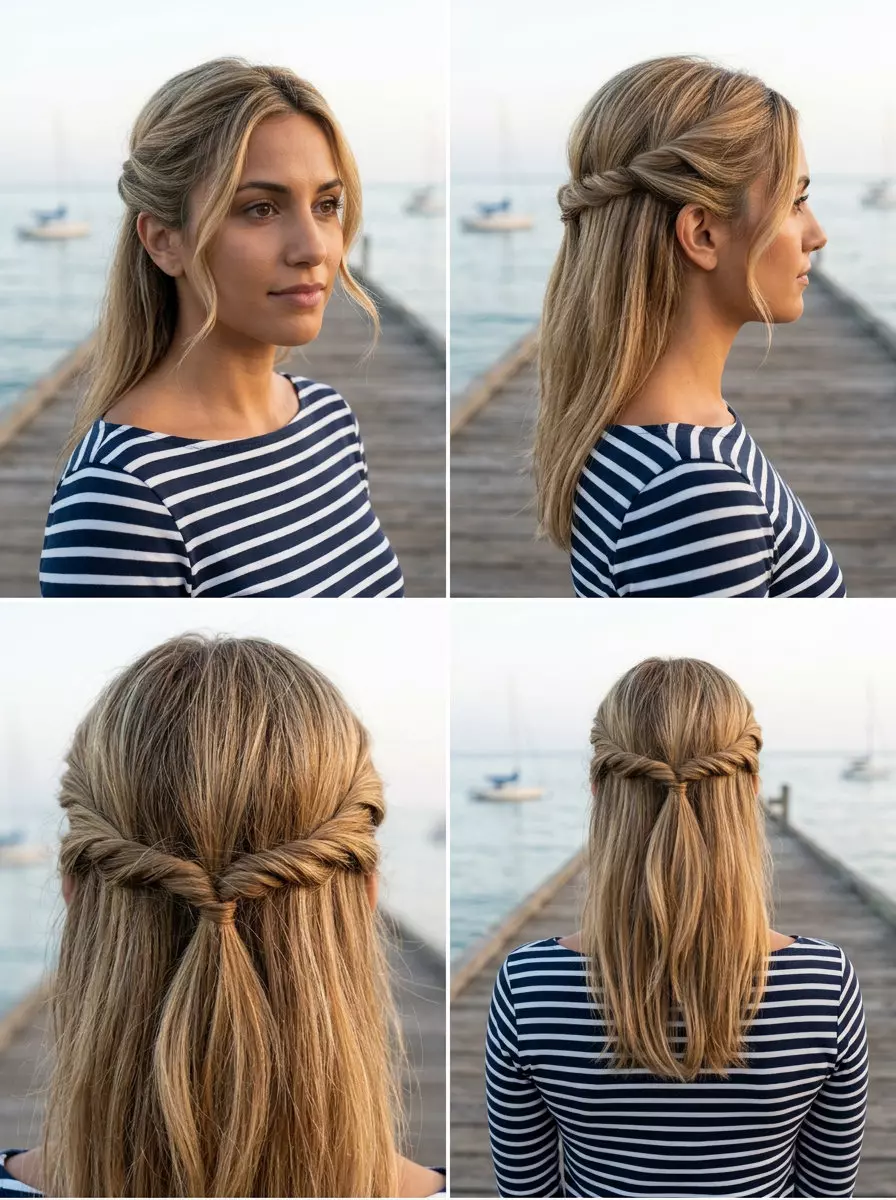 Effortless Twisted Half-Up: Easy Summer Hairstyle 2026 long twisted half-up with soft blonde and honey highlights for summer