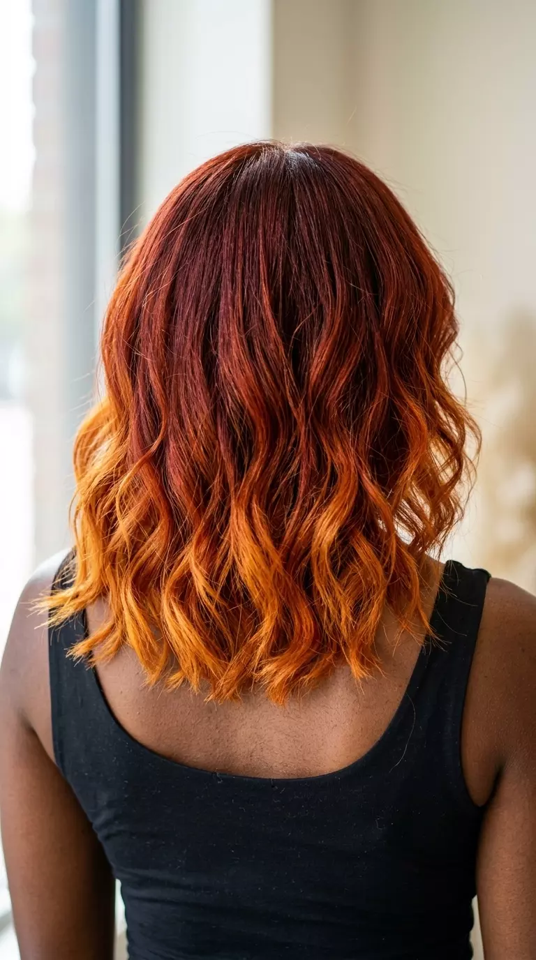 long blood orange copper ombre with deep red-copper, vibrant orange-gold, and dramatic color melt for festival