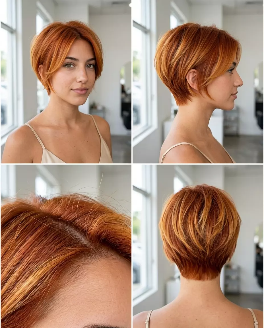 short pixie ombre bright copper with golden amber tips, choppy layers, N/A &mdash; playful edgy festival
