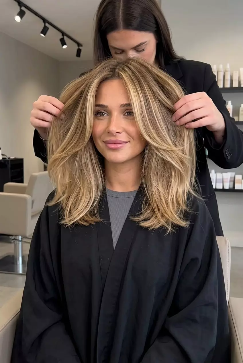 long bronde balayage with golden blonde highlights, face-framing, for summer vacation