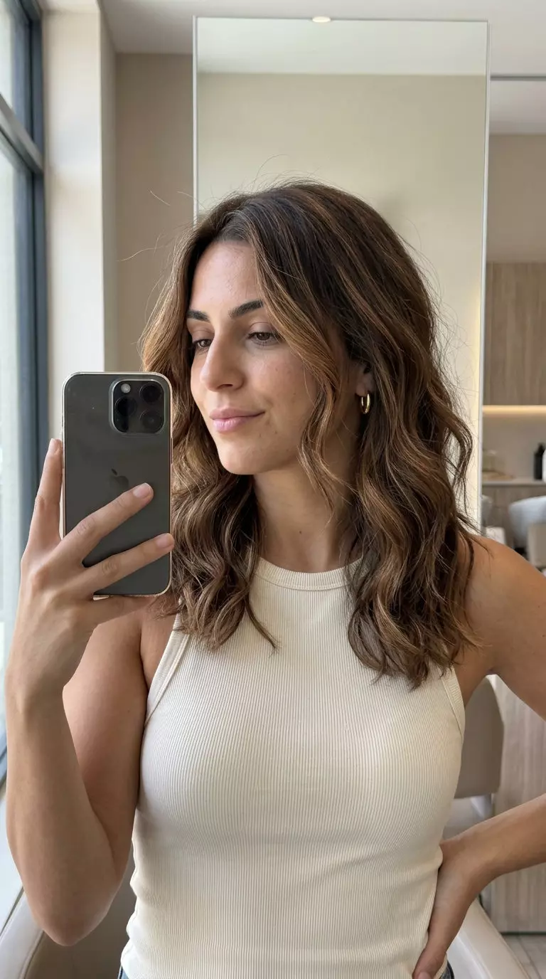 long bronze kiss balayage hair with rich brown to bronze, face-framing highlights &mdash; playful effortless
