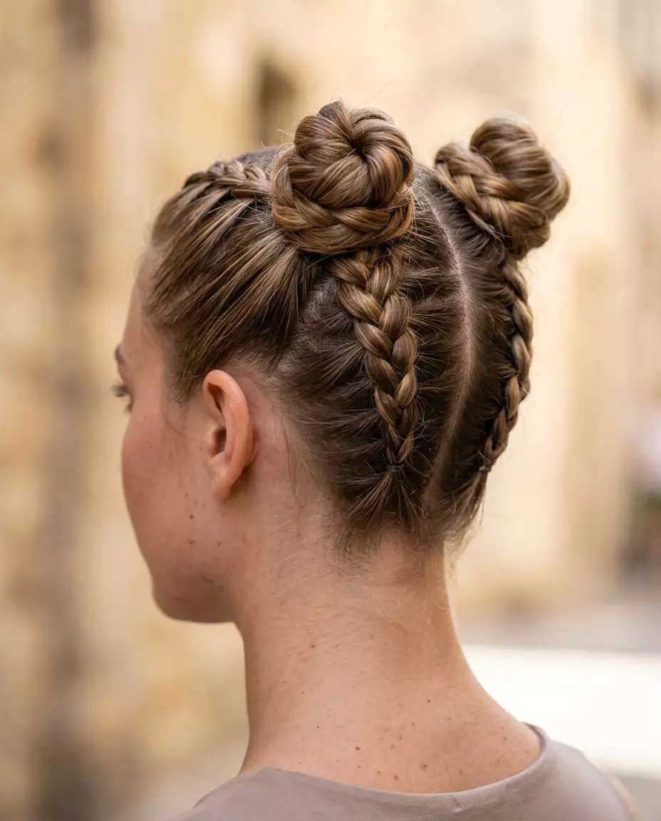 extra-long natural brunette double dutch braid buns with caramel lowlights, blunt cut, no fringe &mdash; energetic summer festival
