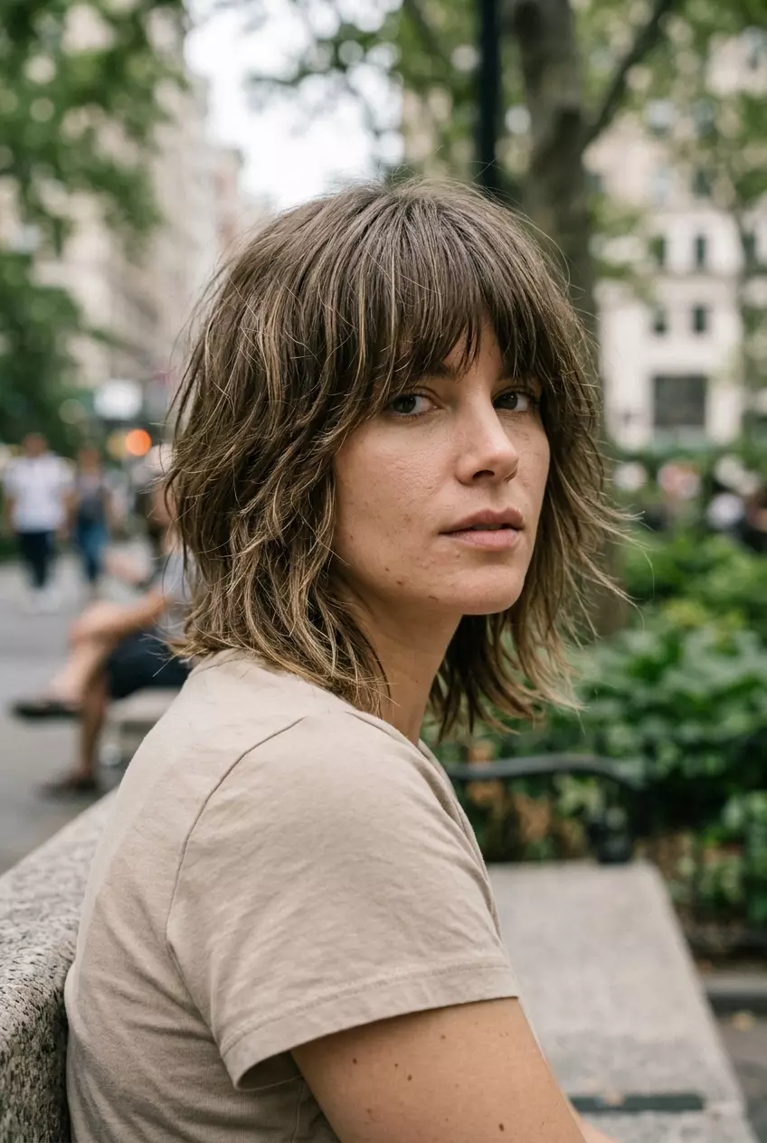 Shaggy Wolf Bob 2026: Edgy & Undone chin-length shaggy bob with auburn babylights, brow-grazing fringe, undercut nape — edgy festival style