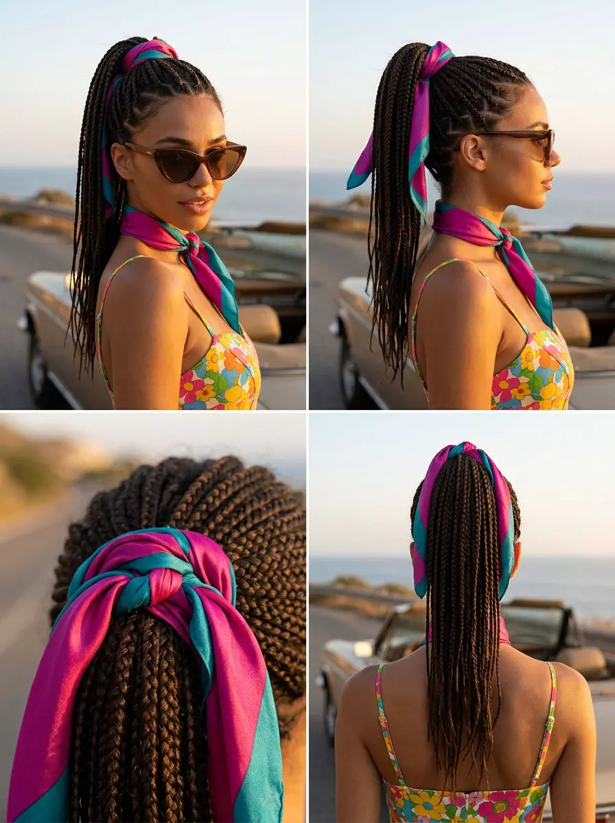 long braided high ponytail with scarf in rich brunette for summer 2026
