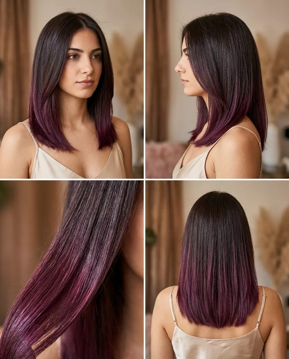 long deep brunette with vibrant plum dip-dye ends, high shine, no fringe &mdash; playful
