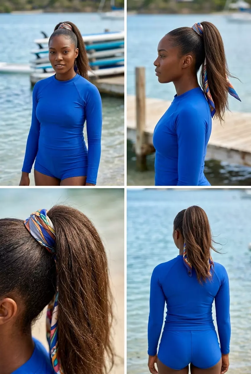 long brunette high ponytail with silk scarf wrap for playful beach sports