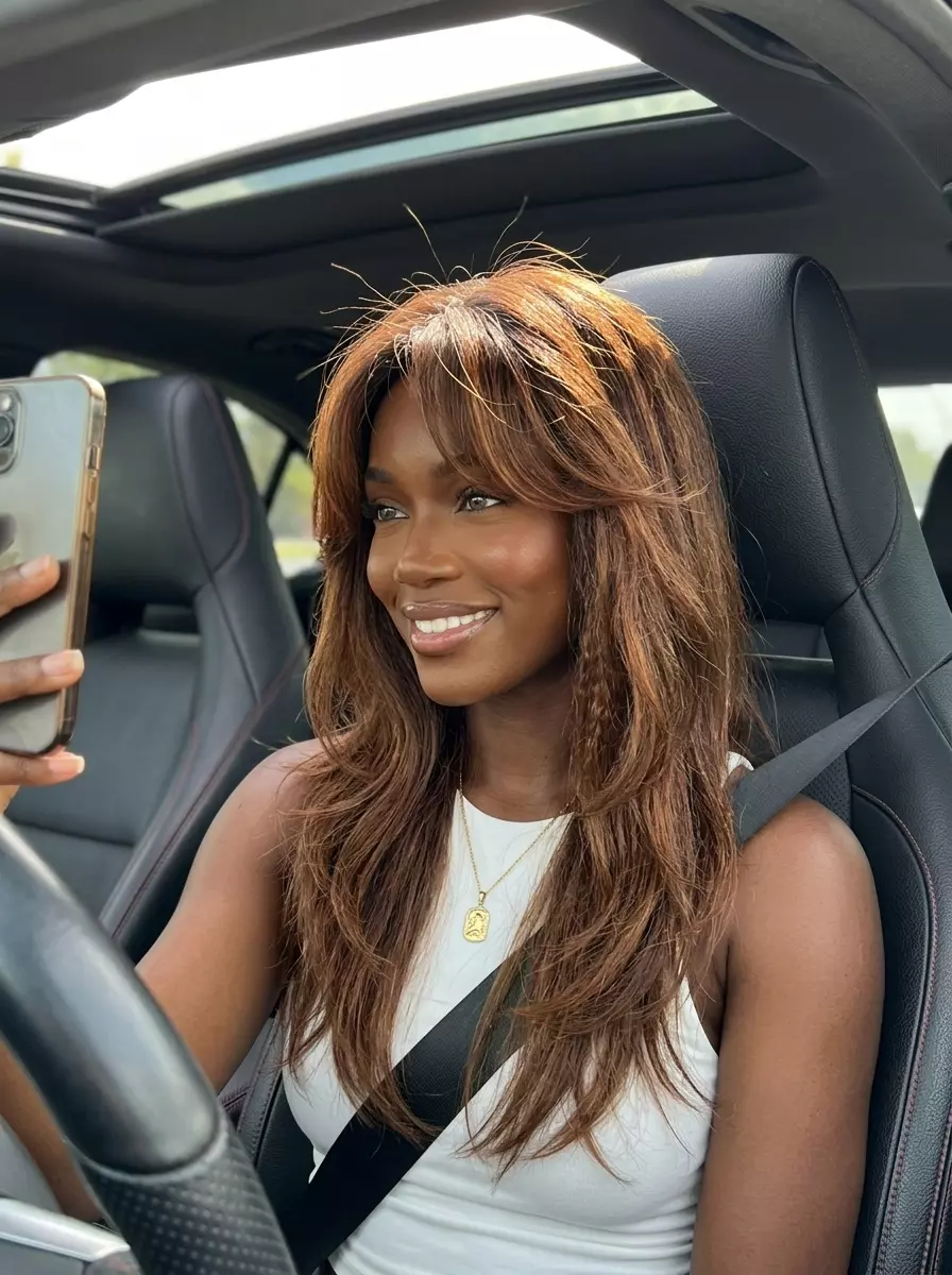 Crimped Long Shag Haircut 2026: Retro Vibes long shag with natural brunette and auburn balayage, heavily layered crown, curtain bangs — retro, voluminous