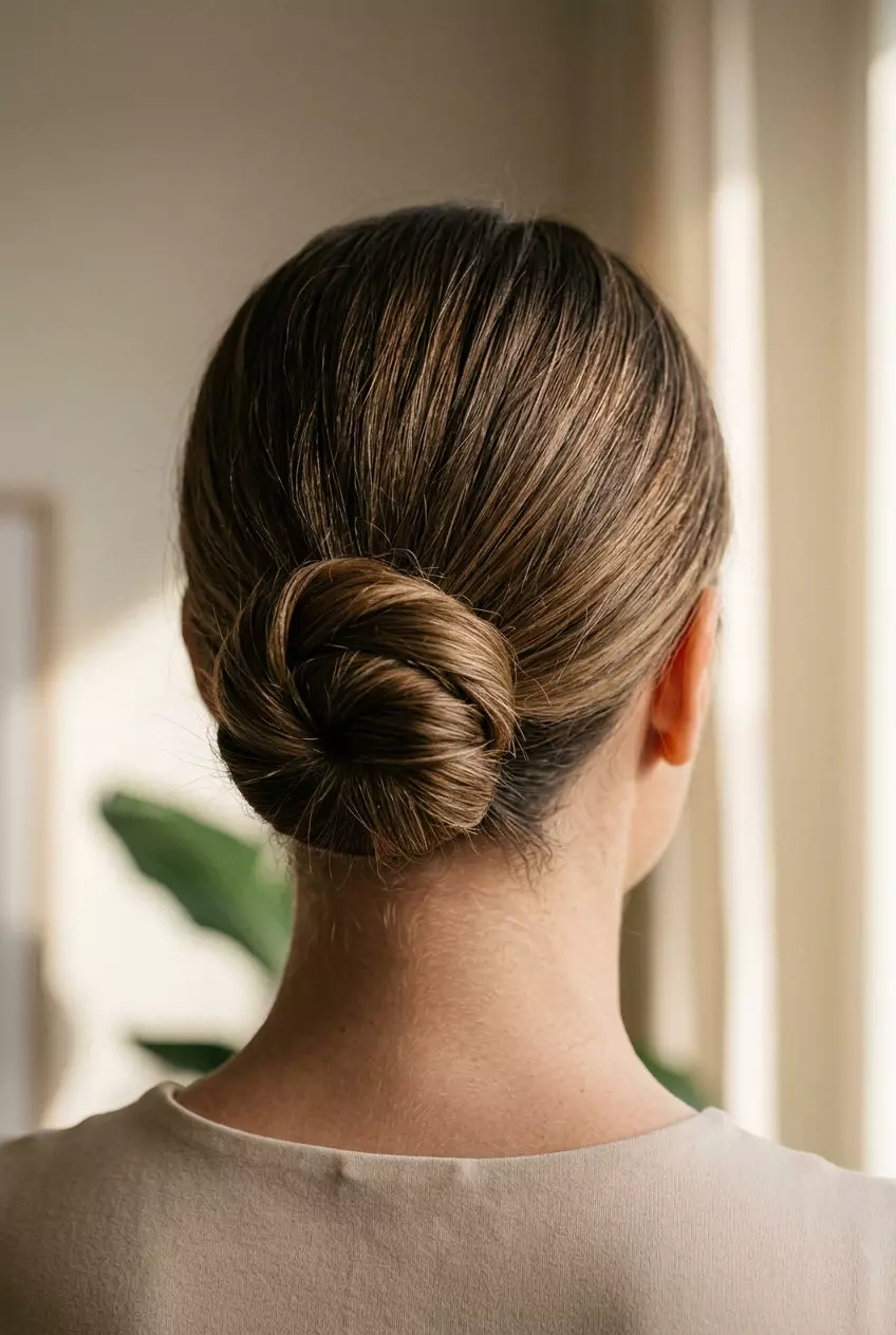 long deep cool brunette updo with high gloss, chic twisted bun for professional settings