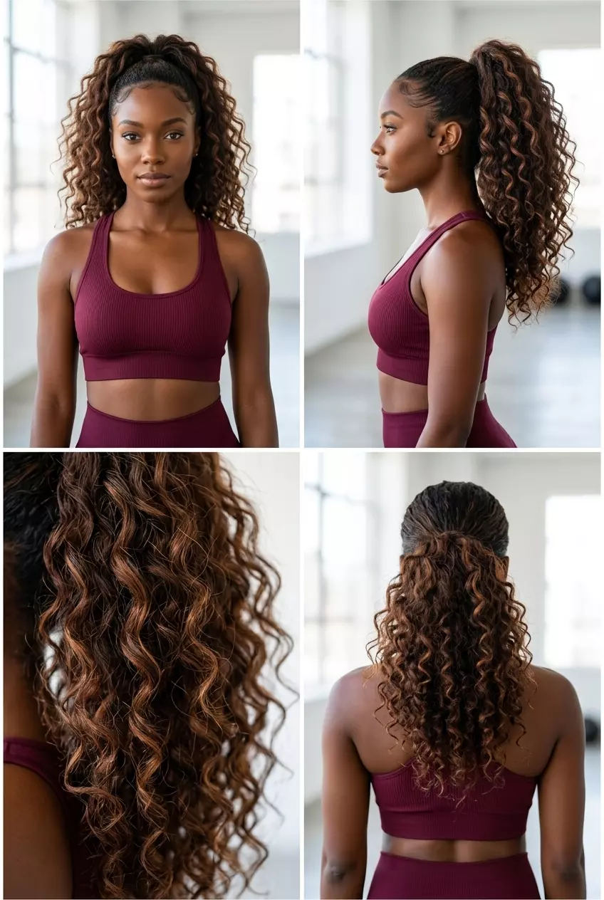 Curly High Ponytail 2026 medium-long curly brunette ponytail with optional auburn highlights for a bold look