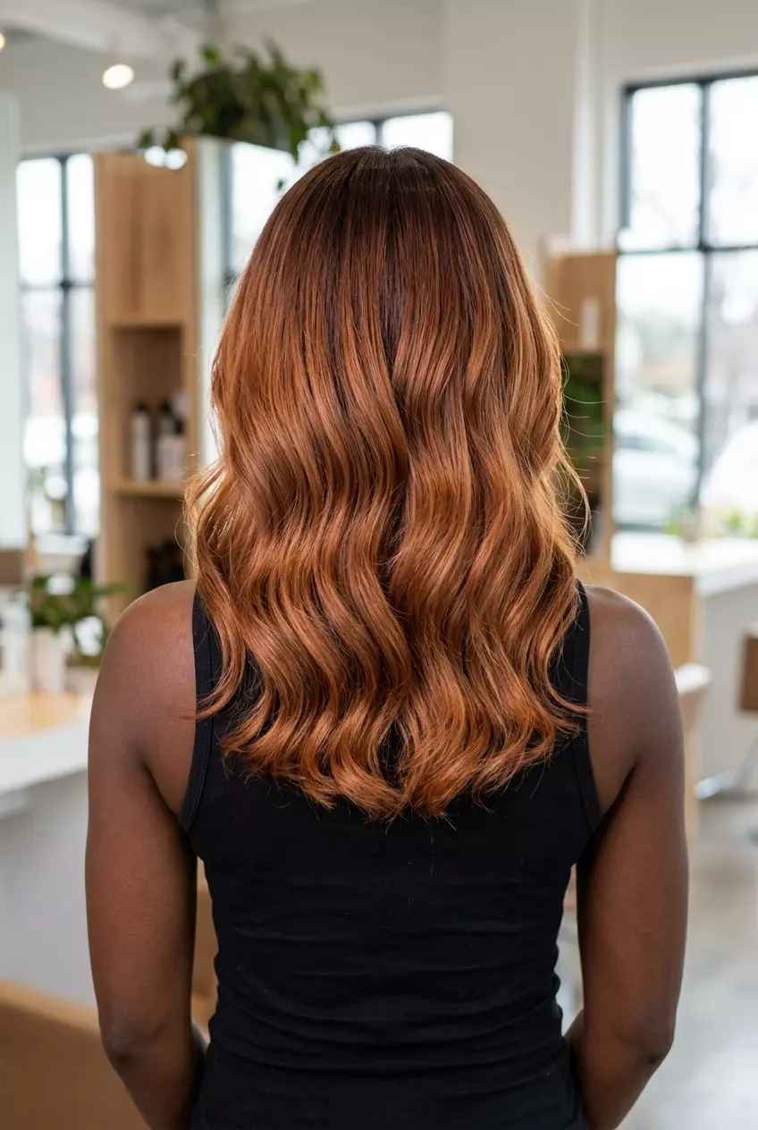 long bob burnished penny ombre with brown-copper root, metallic copper-gold, and reverse balayage for weekend