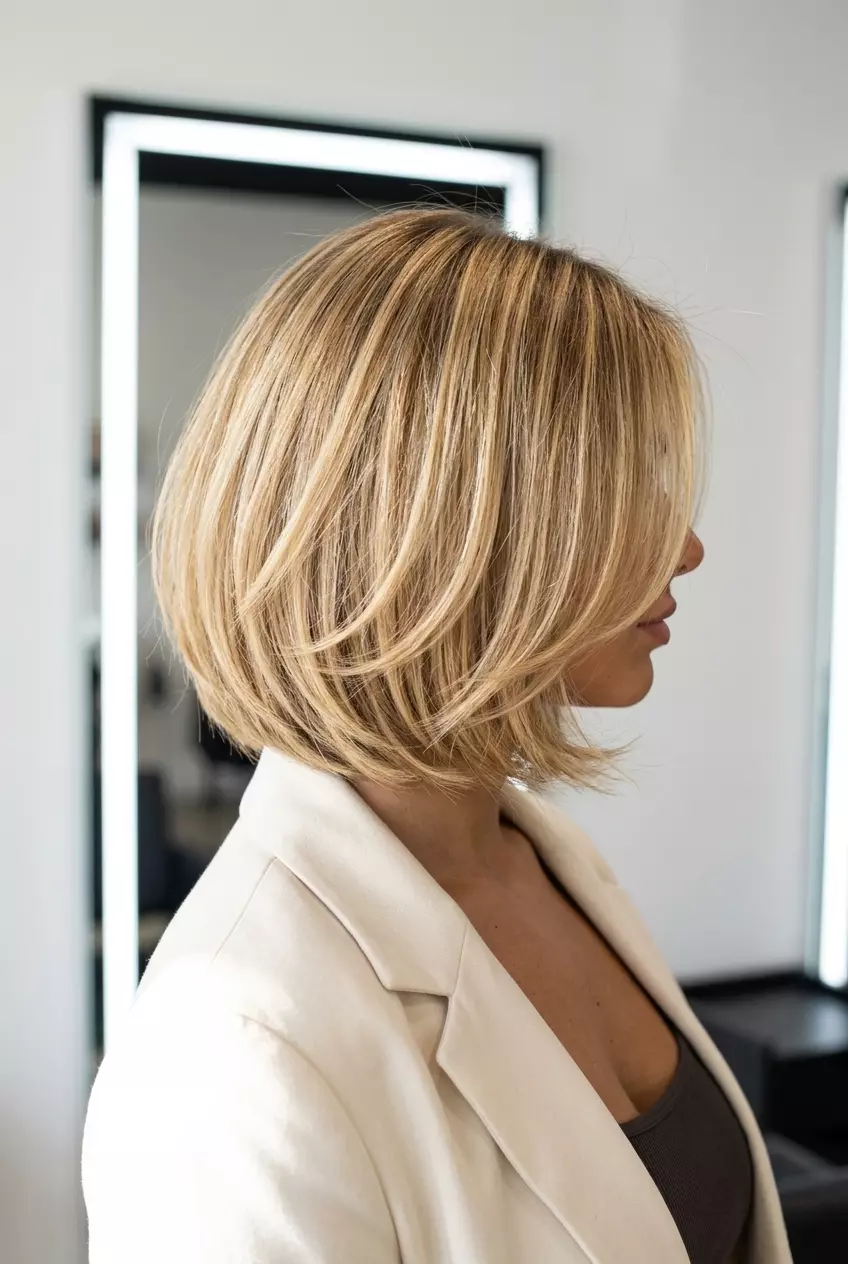 Buttercream Blonde Bob 2026: Summer Texture chin-length buttercream blonde bob with honey babylights, face-framing pieces — effortless beachy vibe