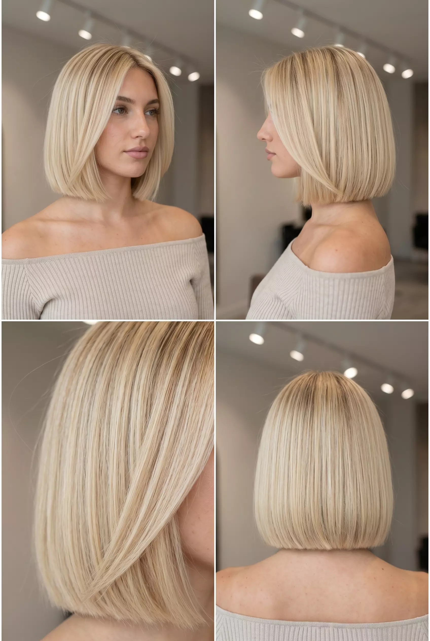 chin-length bob haircut with soft buttercream blonde, golden highlights, and blunt perimeter for summer 2026