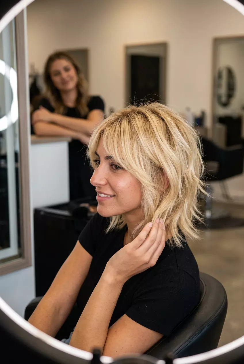 chin-length buttercream blonde wolf cut with wispy fringe and textured crown